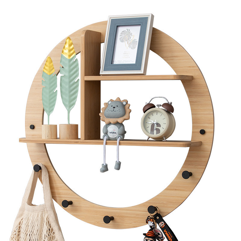 Round Living Room Porch wall mount bamboo hanging Floating clothes coat rack bedroom Decorative storage rack with hooks