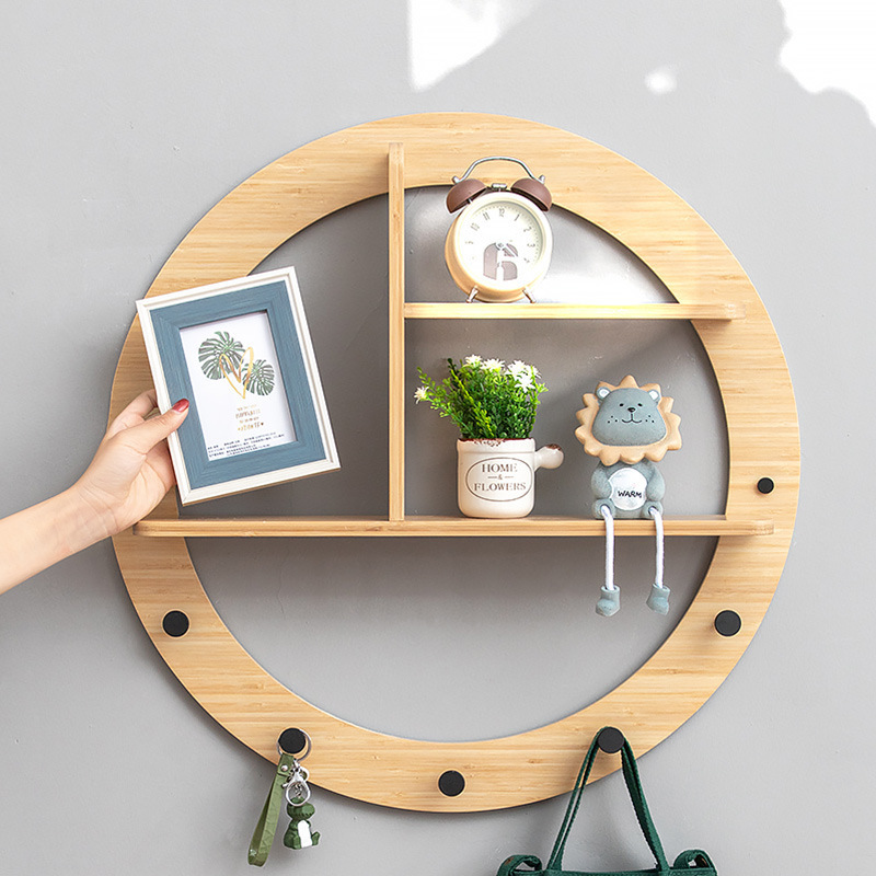 Round Living Room Porch wall mount bamboo hanging Floating clothes coat rack bedroom Decorative storage rack with hooks