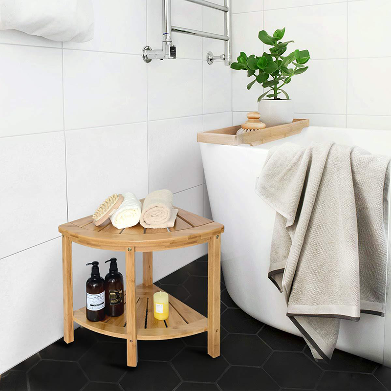 Bamboo Corner Shower Stool Bathroom Spa Seat Bench with Organizer Storage Shelf