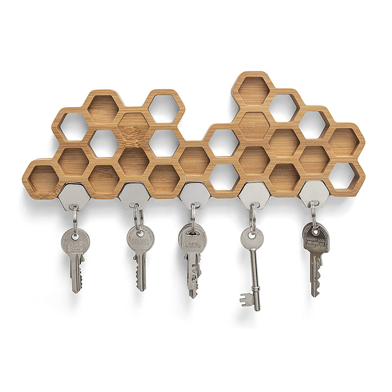 Creative Honeycomb Magnetic Decorative Wall Mounted Hook Bamboo Wooden Storage Rack Key Holder