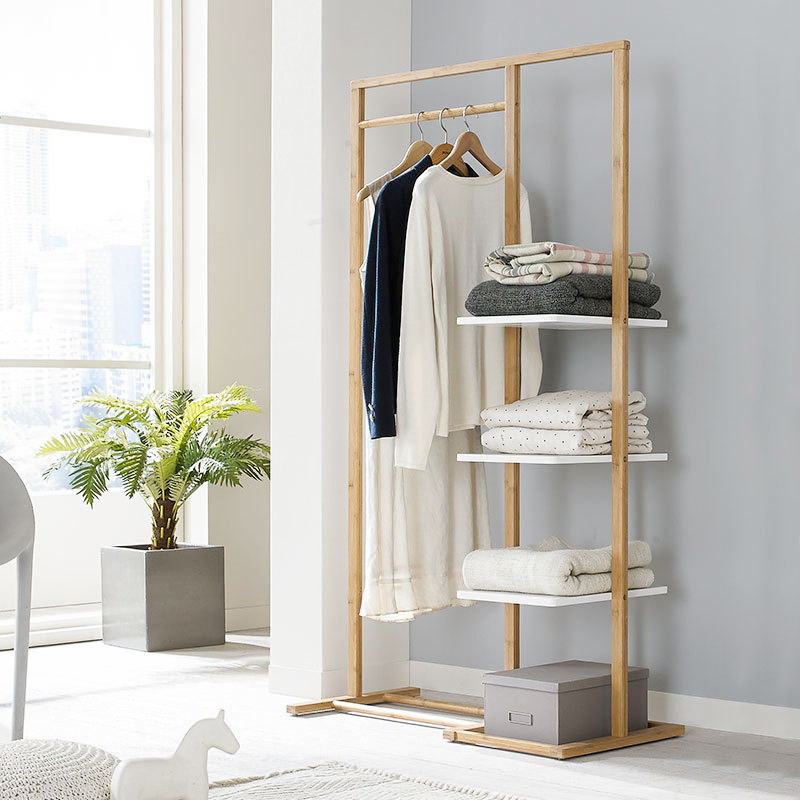 Heavy Duty Modern Living Room Bedroom Standing Coat Display and Hat Clothing Hanger Organizer Rack Stand Bamboo with Shelf Desig