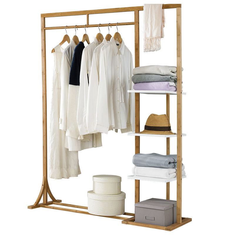 Heavy Duty Modern Living Room Bedroom Standing Coat Display and Hat Clothing Hanger Organizer Rack Stand Bamboo with Shelf Desig