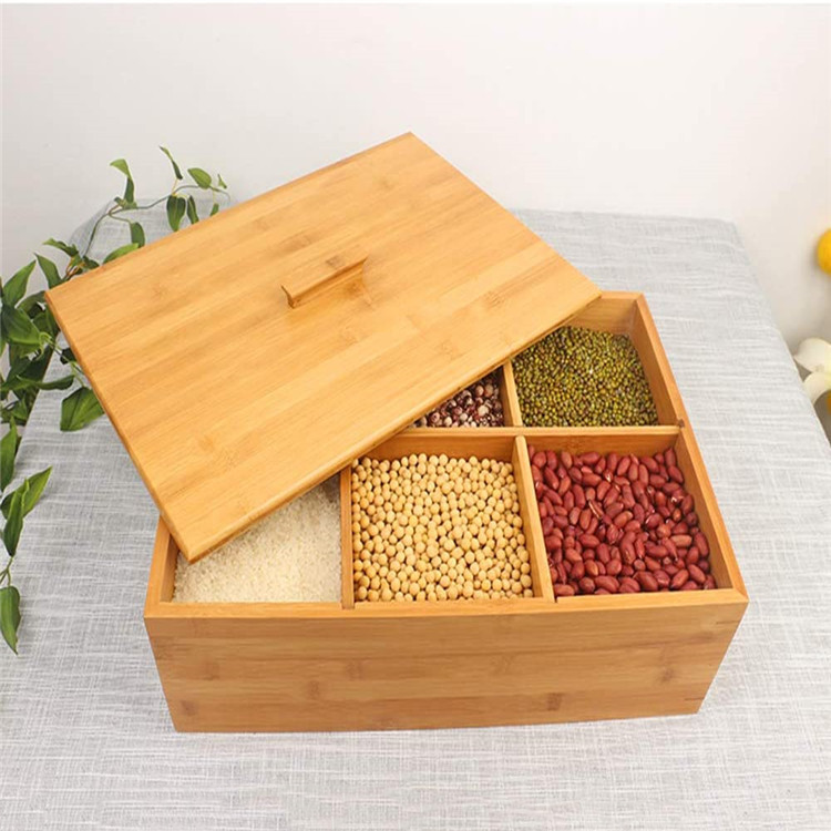 Kitchen Countertop Large Bamboo 4 Grid Grain Storage Bin Storage Box Food Container Rice Flour Cereal Dispenser