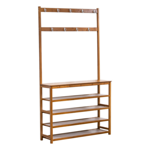 2 Tier Multifunctional Bamboo Closet Display Organizer Modern Coat Garment Clothes Hanging and Shoe Bench Storage Rack