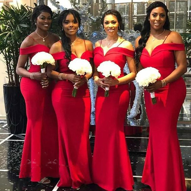 Red Long Mermaid Bridesmaid Dresses elegant  Off The Shoulder Maid Of Honor Dress Wedding Party Gowns