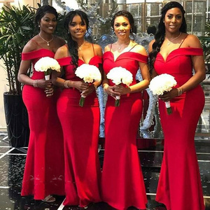 Red Long Mermaid Bridesmaid Dresses elegant  Off The Shoulder Maid Of Honor Dress Wedding Party Gowns