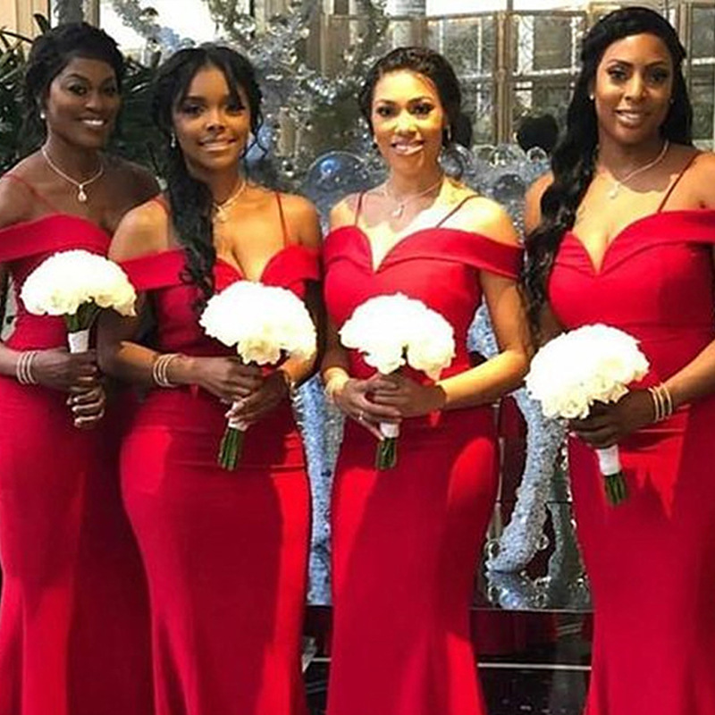 Red Long Mermaid Bridesmaid Dresses elegant  Off The Shoulder Maid Of Honor Dress Wedding Party Gowns