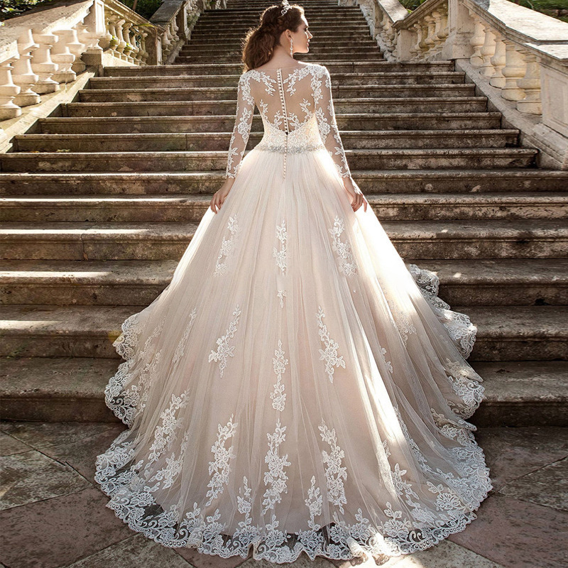 Trendy Illusion Lace Long Sleeve High Quality Luxury Wedding Dress Manufacturer made elegant wedding bridal dresses