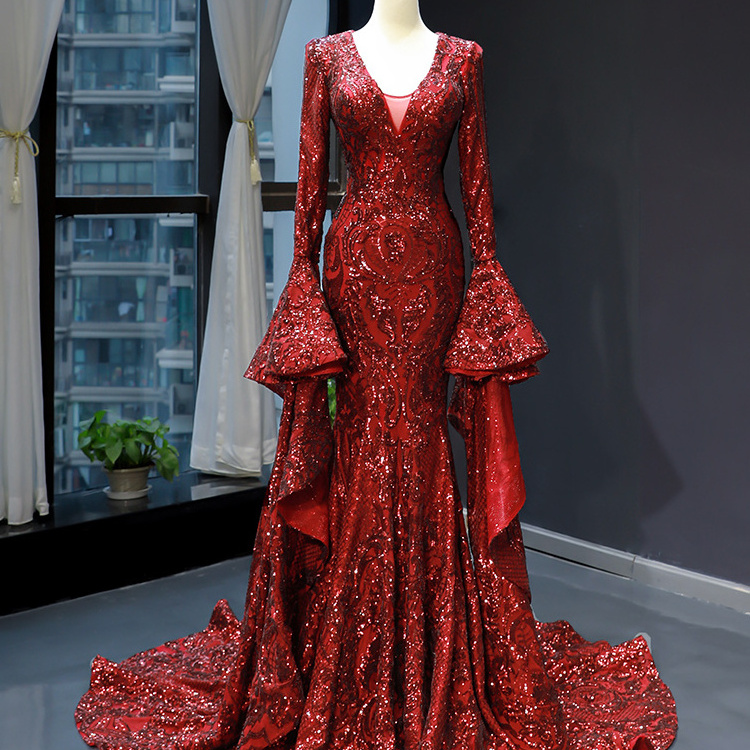 Manufacturer made red line lace shinning elegant maxi V-Neck Mermaid Wedding Dresses With Sleeves