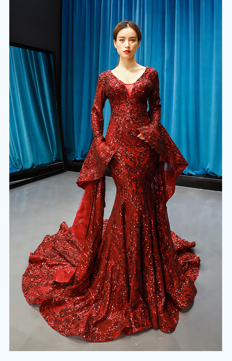 Manufacturer made red line lace shinning elegant maxi V-Neck Mermaid Wedding Dresses With Sleeves