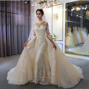 Luxurious High Neck Long Sleeve Lace Mermaid Wedding Dress Removable Trailing Bridal Wedding Dress