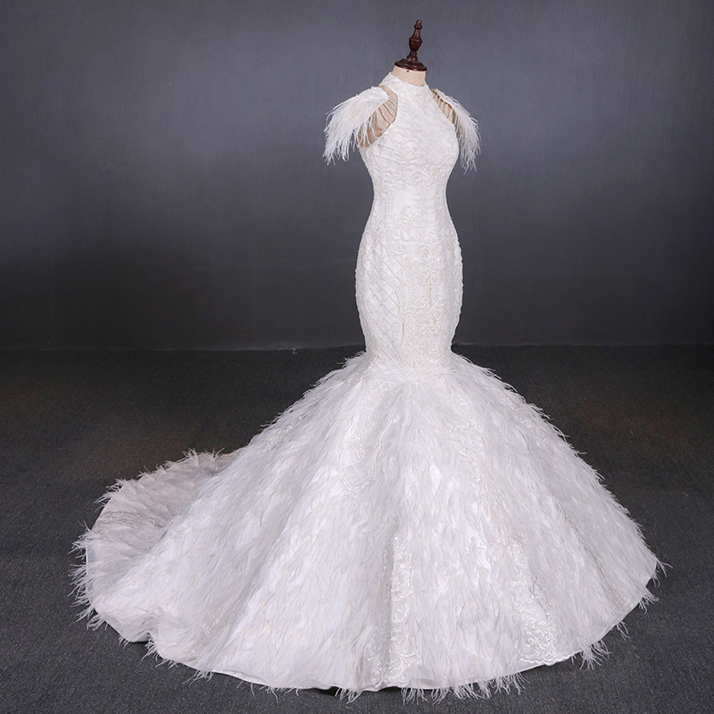 New Slim Fishtail Slimming Dress Luxury Handmade Beaded Ostrich Hair Wedding Dress Custom