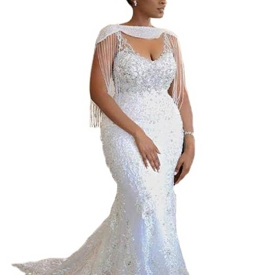 African mermaid bridal dress sleeveless fringed pearl wedding ceremony elegant dress wedding gowns