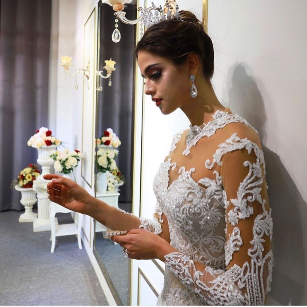 Luxurious High Neck Long Sleeve Lace Mermaid Wedding Dress Removable Trailing Bridal Wedding Dress