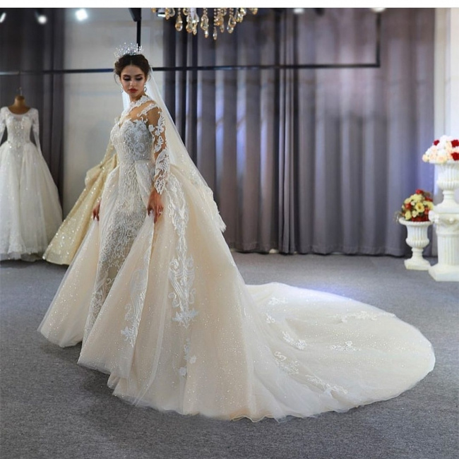 Luxurious High Neck Long Sleeve Lace Mermaid Wedding Dress Removable Trailing Bridal Wedding Dress