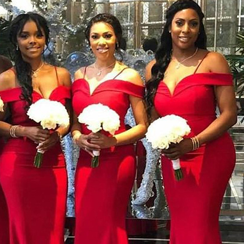 Red Long Mermaid Bridesmaid Dresses elegant  Off The Shoulder Maid Of Honor Dress Wedding Party Gowns