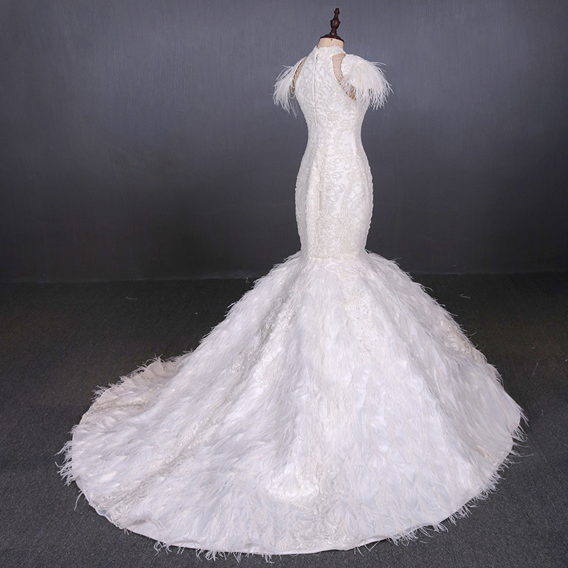 New Slim Fishtail Slimming Dress Luxury Handmade Beaded Ostrich Hair Wedding Dress Custom