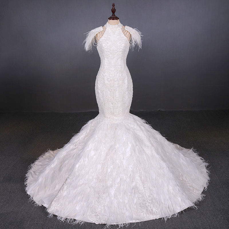 New Slim Fishtail Slimming Dress Luxury Handmade Beaded Ostrich Hair Wedding Dress Custom