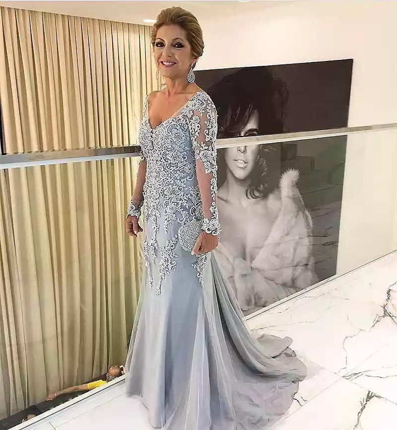 Elegant Blue Silver Mother of the Bride Dresses Long Sleeves 2022 V Neck Godmother Evening Dresses Wedding Party Guest Gowns New