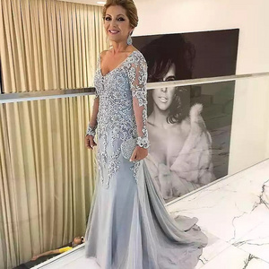 Elegant Blue Silver Mother of the Bride Dresses Long Sleeves 2022 V Neck Godmother Evening Dresses Wedding Party Guest Gowns New