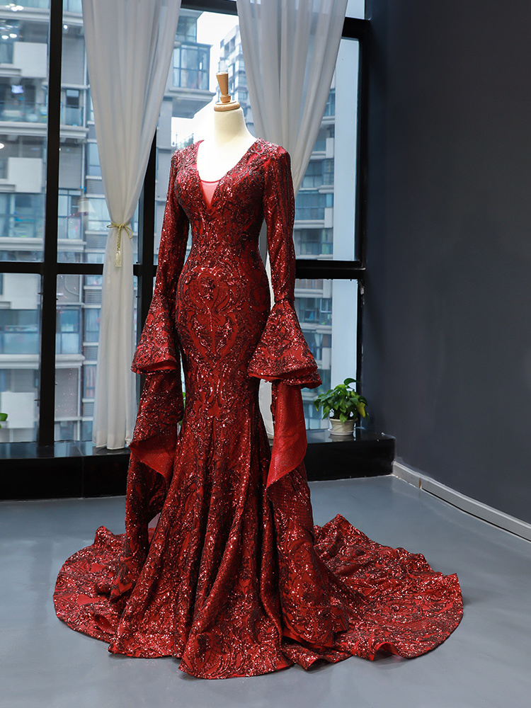 Manufacturer made red line lace shinning elegant maxi V-Neck Mermaid Wedding Dresses With Sleeves