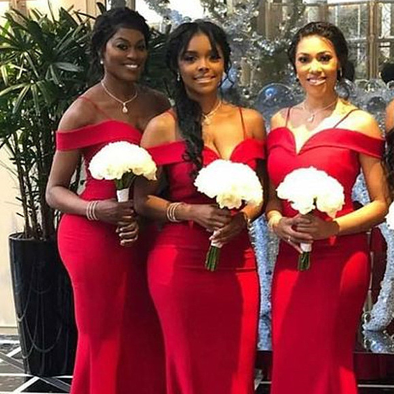 Red Long Mermaid Bridesmaid Dresses elegant  Off The Shoulder Maid Of Honor Dress Wedding Party Gowns