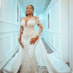 Gorgeous Detachable Trailing African Wedding Dress Hand Beaded Lace Mermaid Wedding Dress