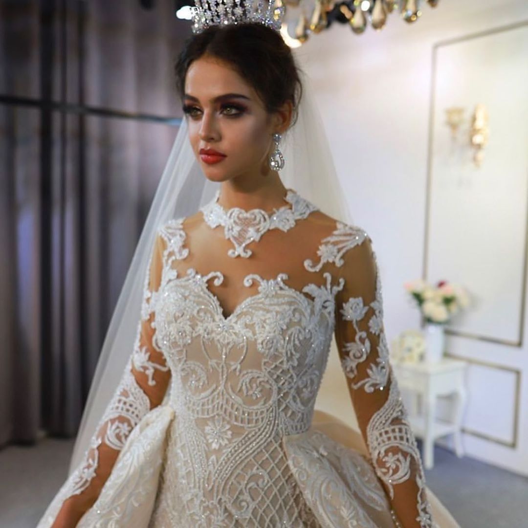 Luxurious High Neck Long Sleeve Lace Mermaid Wedding Dress Removable Trailing Bridal Wedding Dress