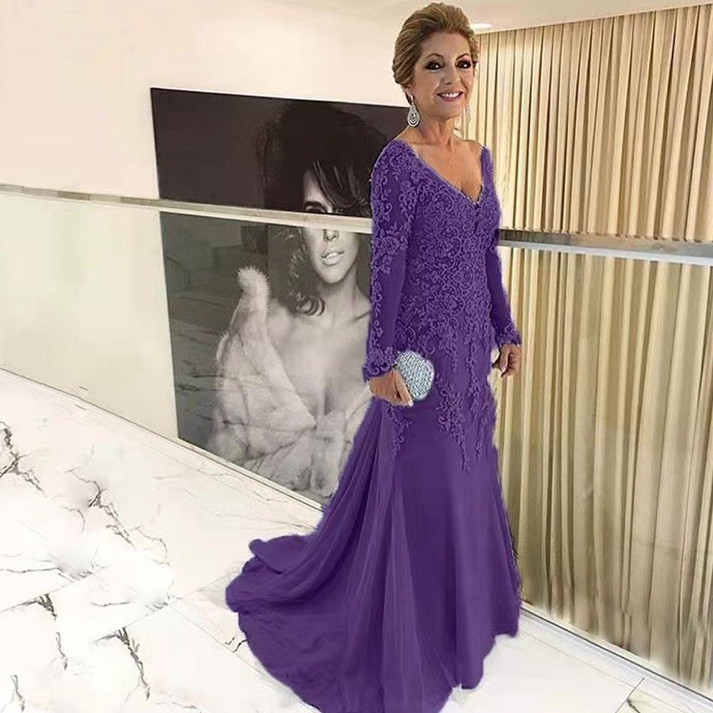 Elegant Blue Silver Mother of the Bride Dresses Long Sleeves 2022 V Neck Godmother Evening Dresses Wedding Party Guest Gowns New