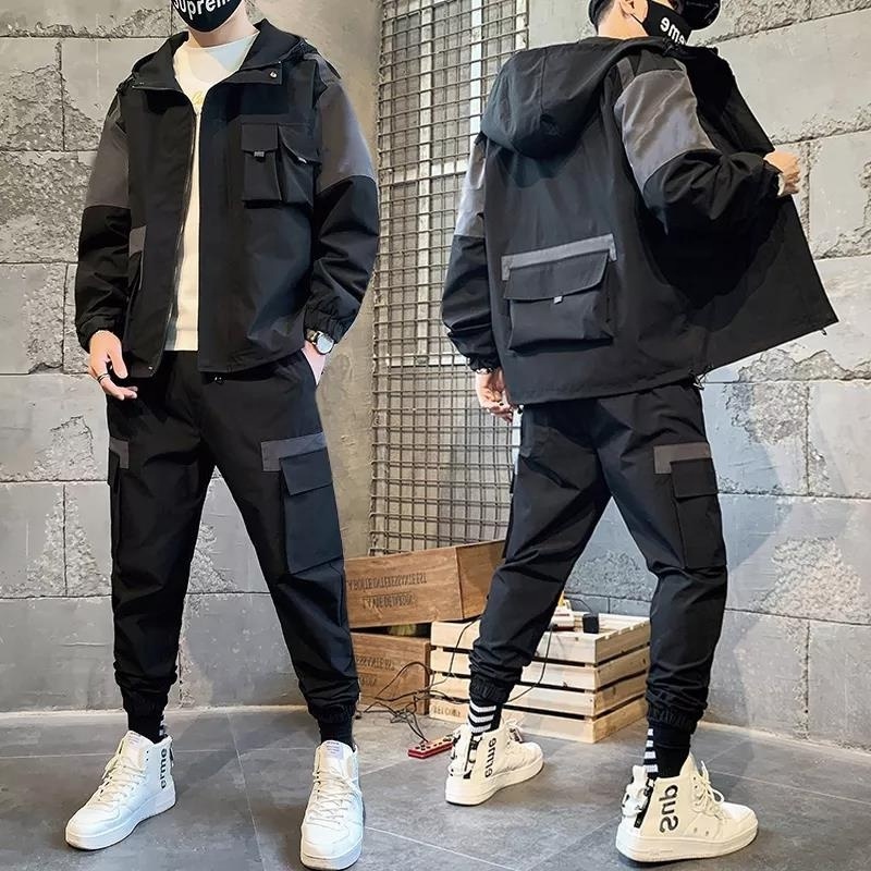 men autumn new hip hop style windbreaker sport cargo tracksuit,top black cargo design jogger set