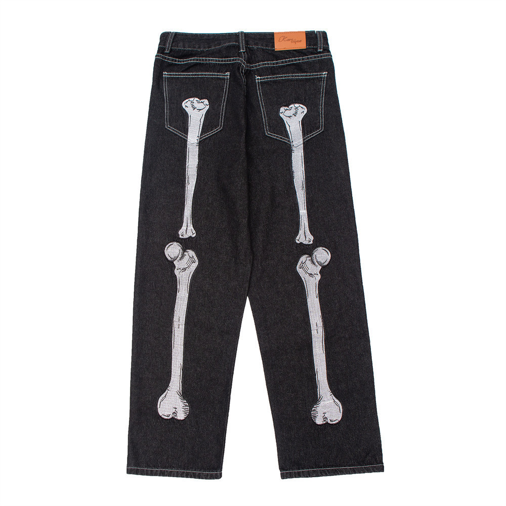 Skeleton Embroidered Jeans Men's High Street Loose Wide Leg Pants