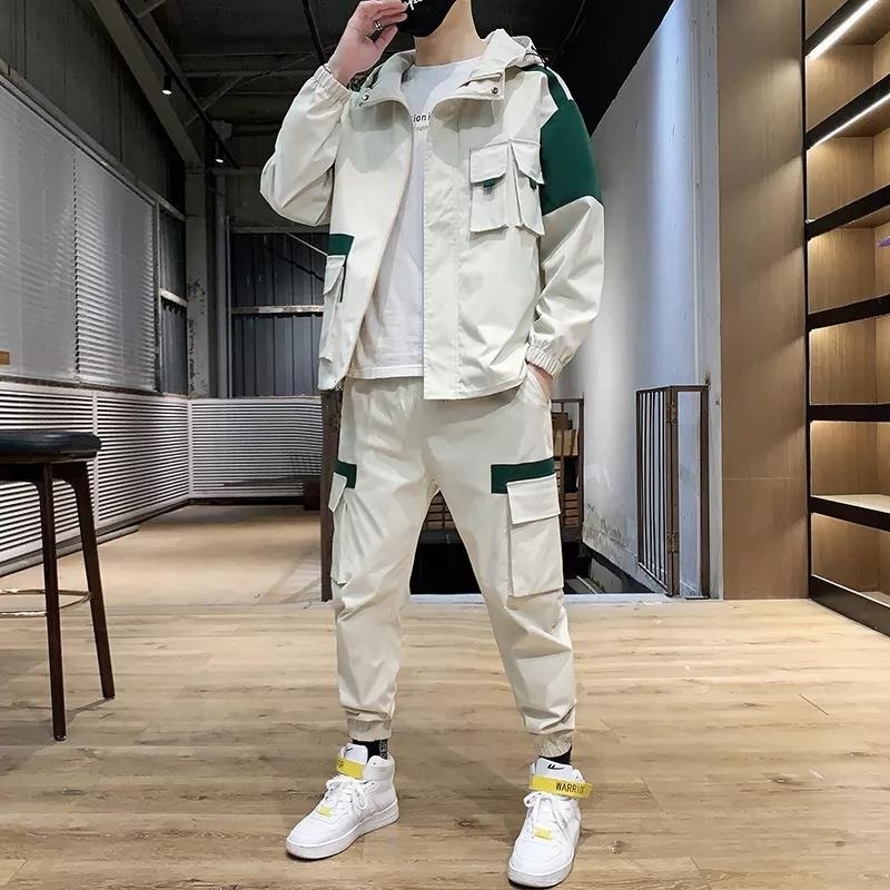 men autumn new hip hop style windbreaker sport cargo tracksuit,top black cargo design jogger set