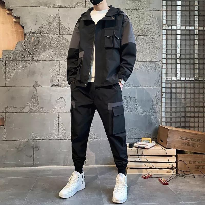 men autumn new hip hop style windbreaker sport cargo tracksuit,top black cargo design jogger set