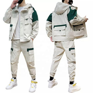 men autumn new hip hop style windbreaker sport cargo tracksuit,top black cargo design jogger set