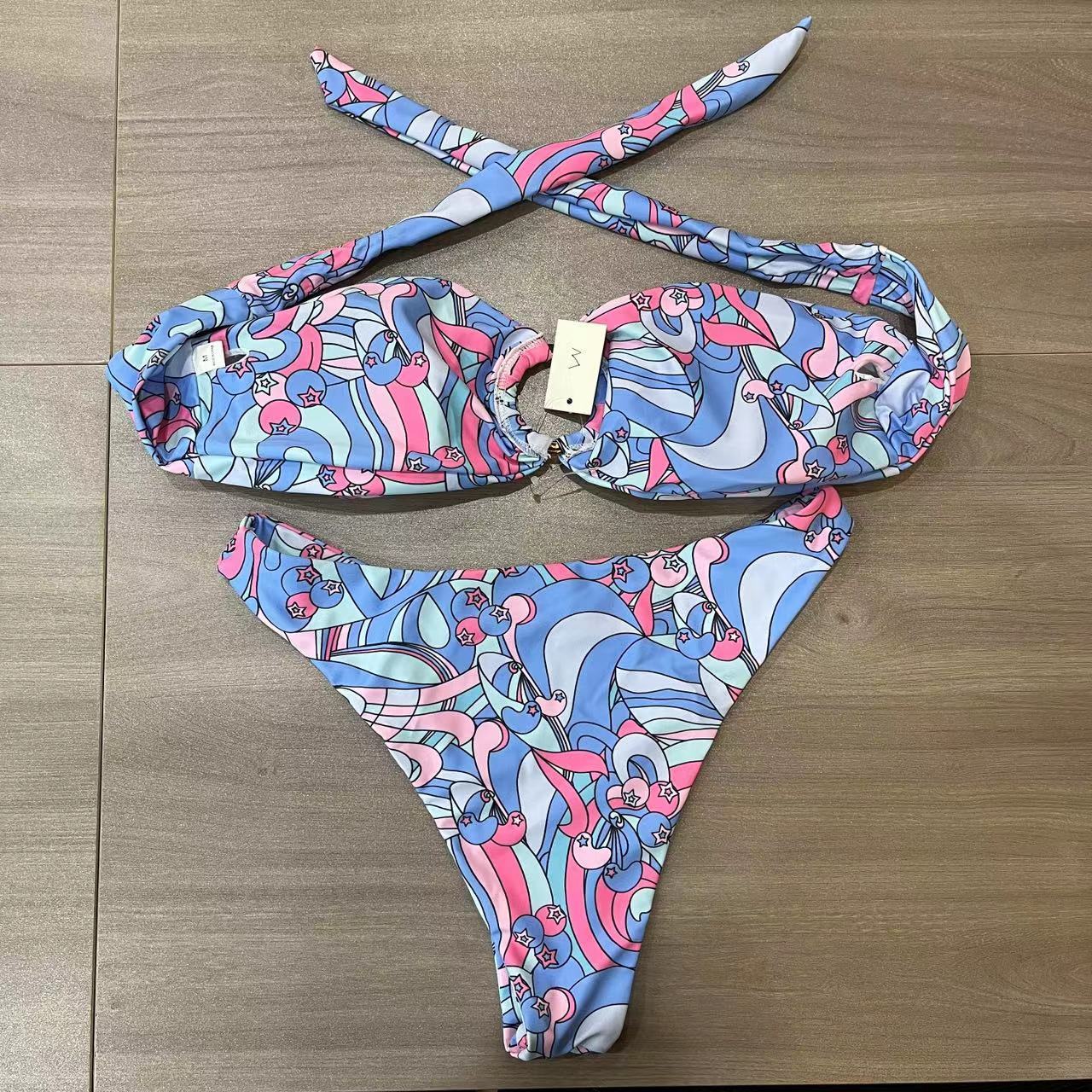 2023 Swimsuit Women's European and American Split Bikini Retro Sexy Bra Print Polyester OEM Service Adults Floral Support 1000