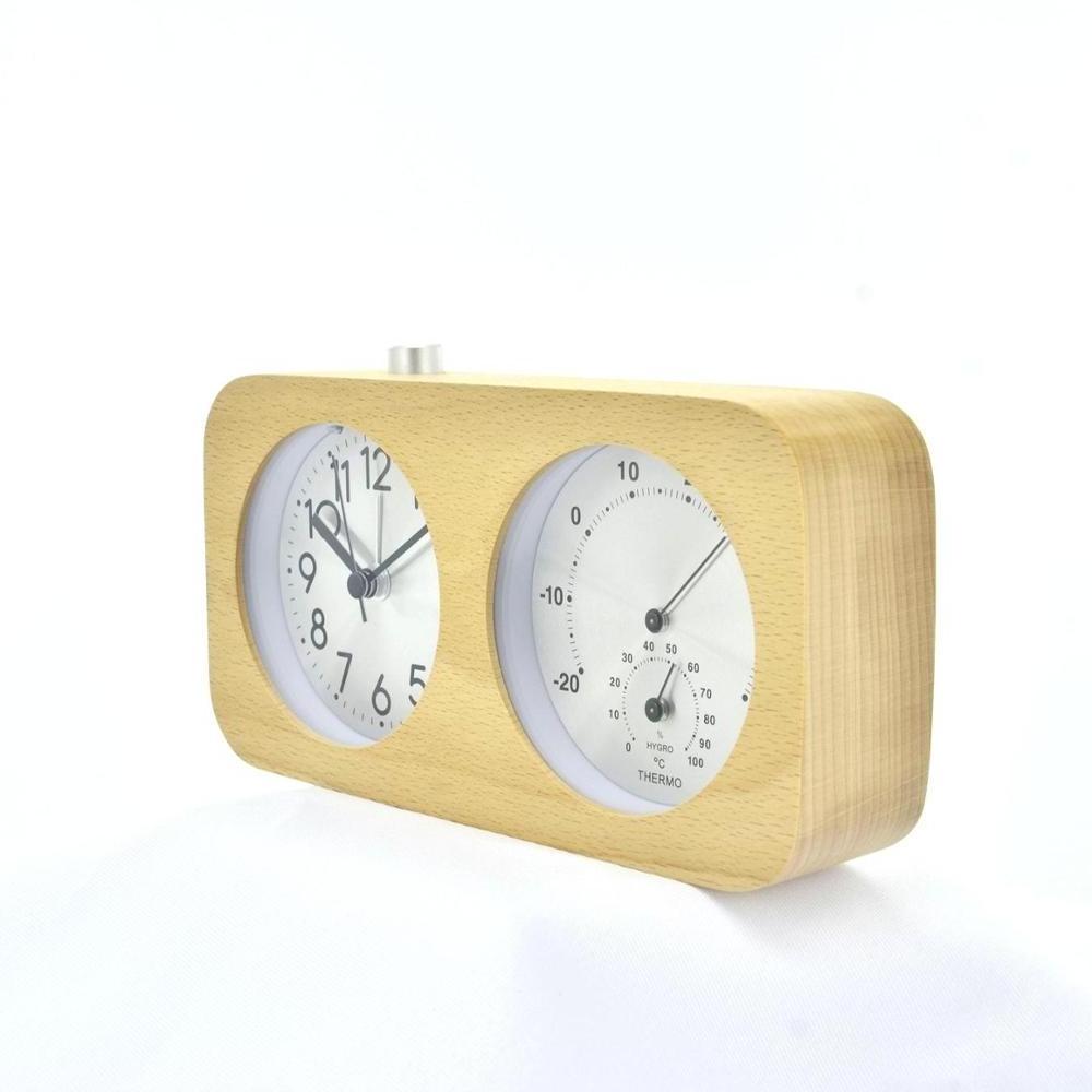 Rectangle double face table clock wood with thermometer and hygrometer