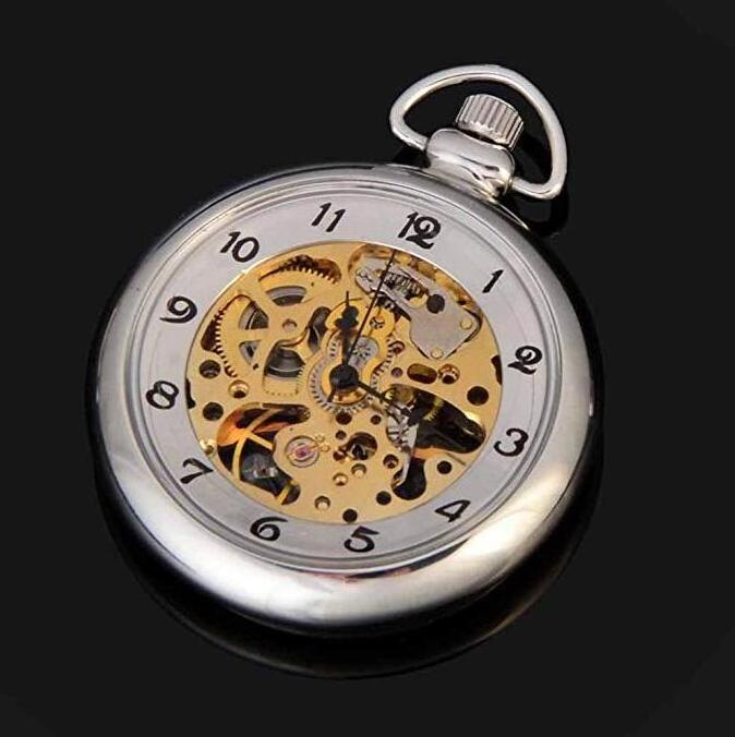 Silver Open Face Mechanical Hand Winding Skeleton Mens Watch Clock Pocket Watch