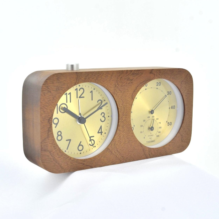 Rectangle double face table clock wood with thermometer and hygrometer