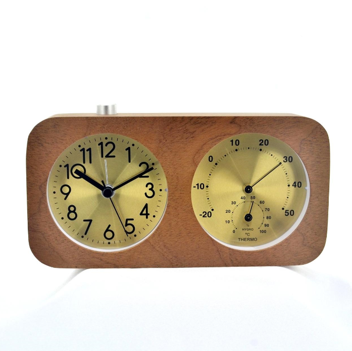 Rectangle double face table clock wood with thermometer and hygrometer