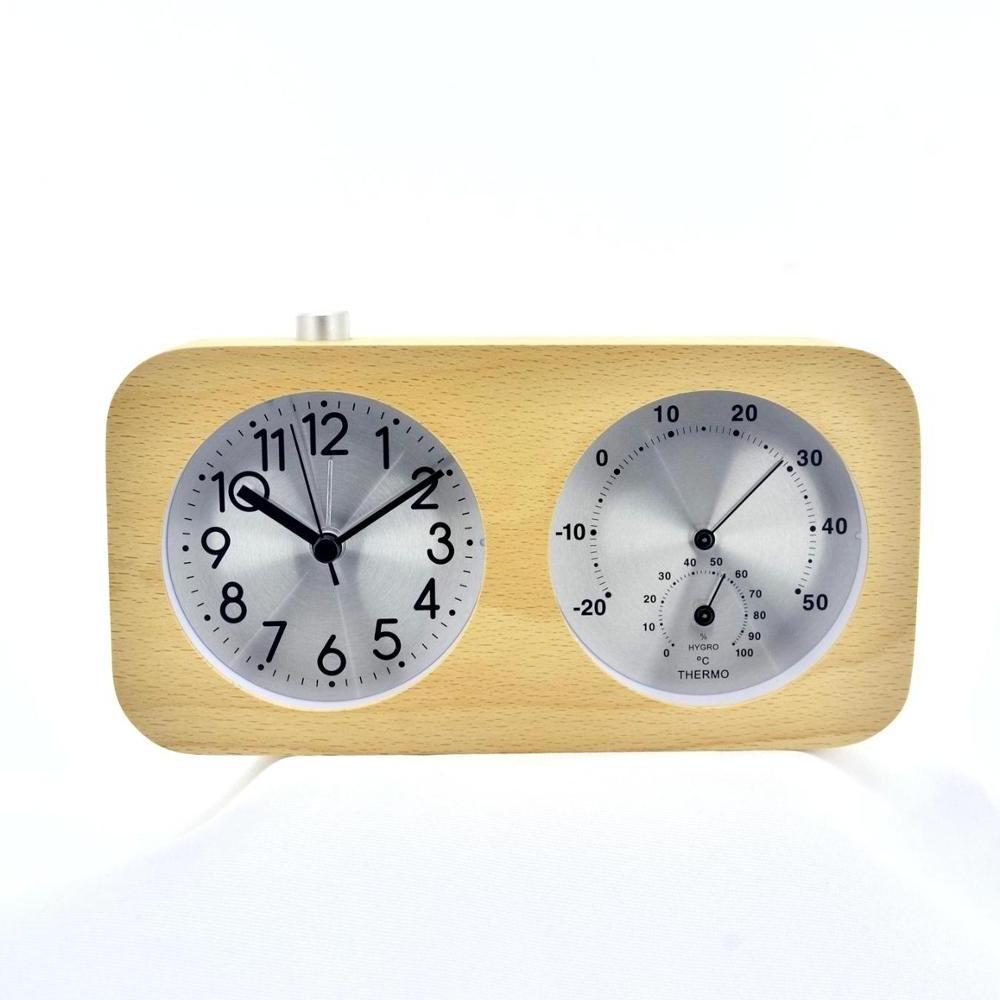 Rectangle double face table clock wood with thermometer and hygrometer