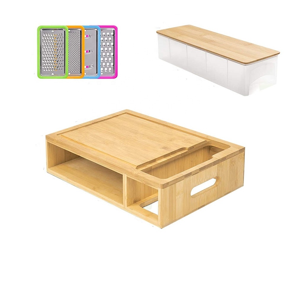 Amazing Cutting Board with Containers Graters Lids Bamboo Meal Prep Station with Trays for Kitchen Sturdy Organized Easy to Use