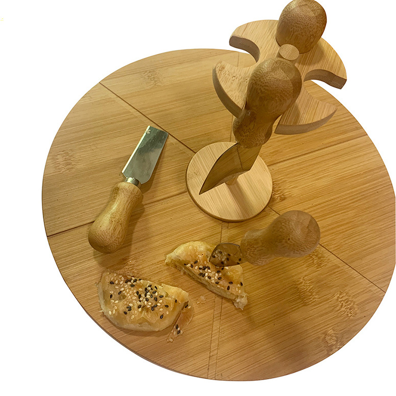 bamboo serving board round with knives and holder for pizza cheese cakes meat fruit