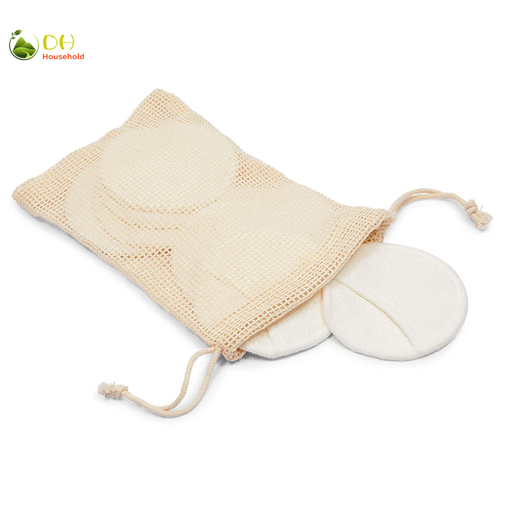 Round Bamboo Storage Box Holder with Mesh Bag and Reusable Cotton Pads for Makeup Removal