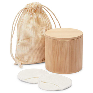 Round Bamboo Storage Box Holder with Mesh Bag and Reusable Cotton Pads for Makeup Removal