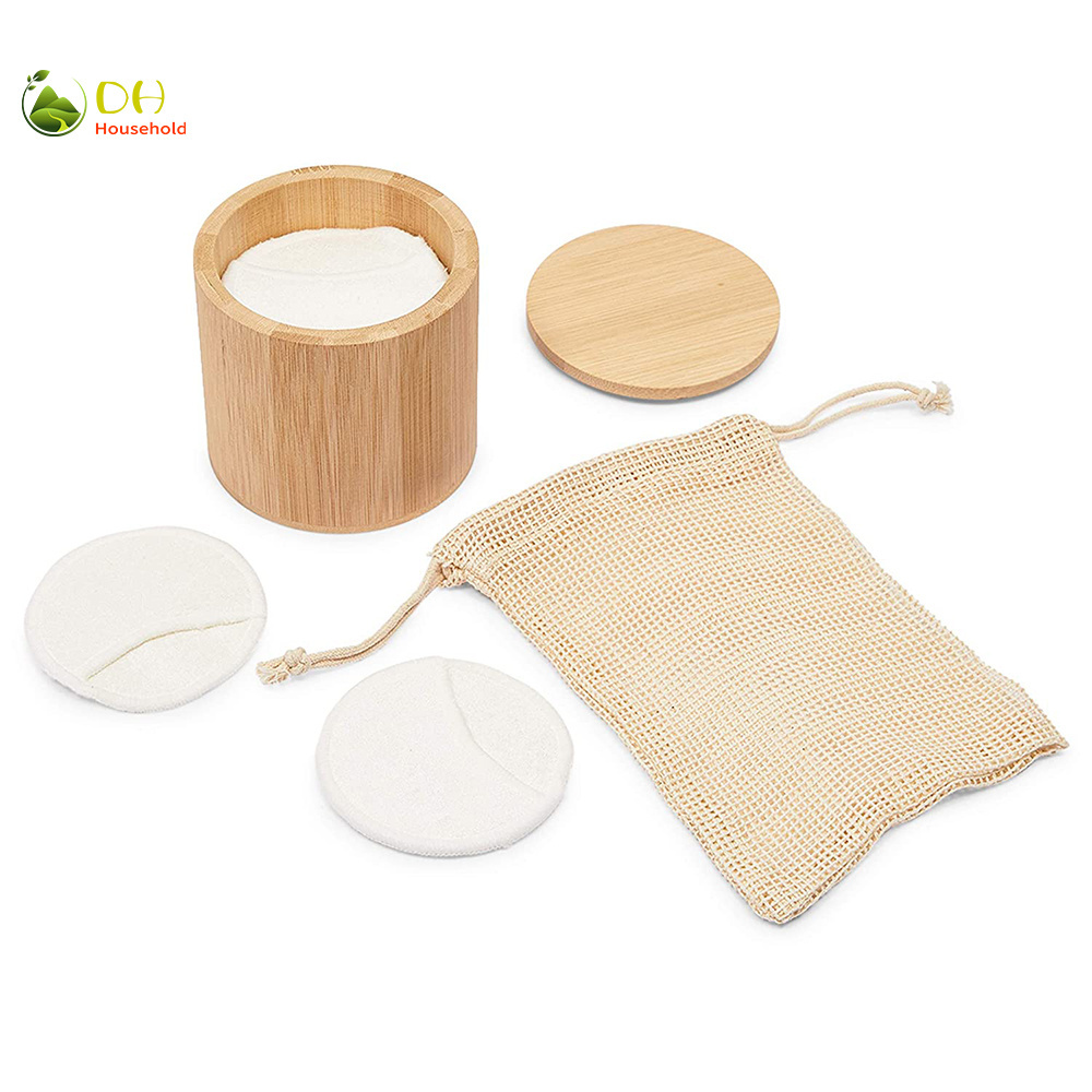 Round Bamboo Storage Box Holder with Mesh Bag and Reusable Cotton Pads for Makeup Removal