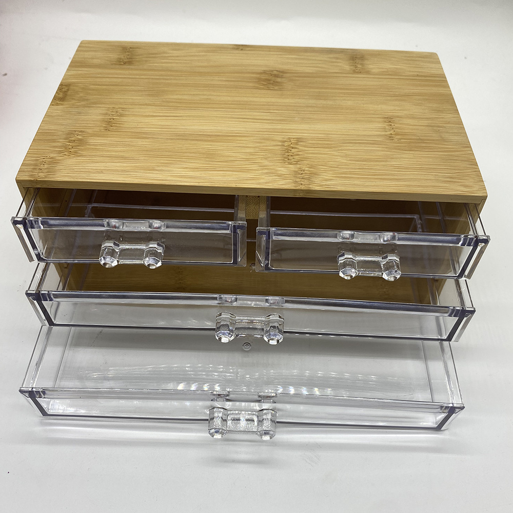 Mini Bamboo Desk Drawer Tabletop Storage Organization Box with acrylic drawers for Office Home Toiletries Supplies Vanity,