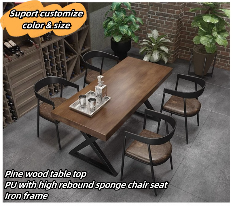 Wholesale Factory  Price American Retro Industrial Style Restaurant Dining Set Wood Top Metal Frame Rectangle Table Bar Chair