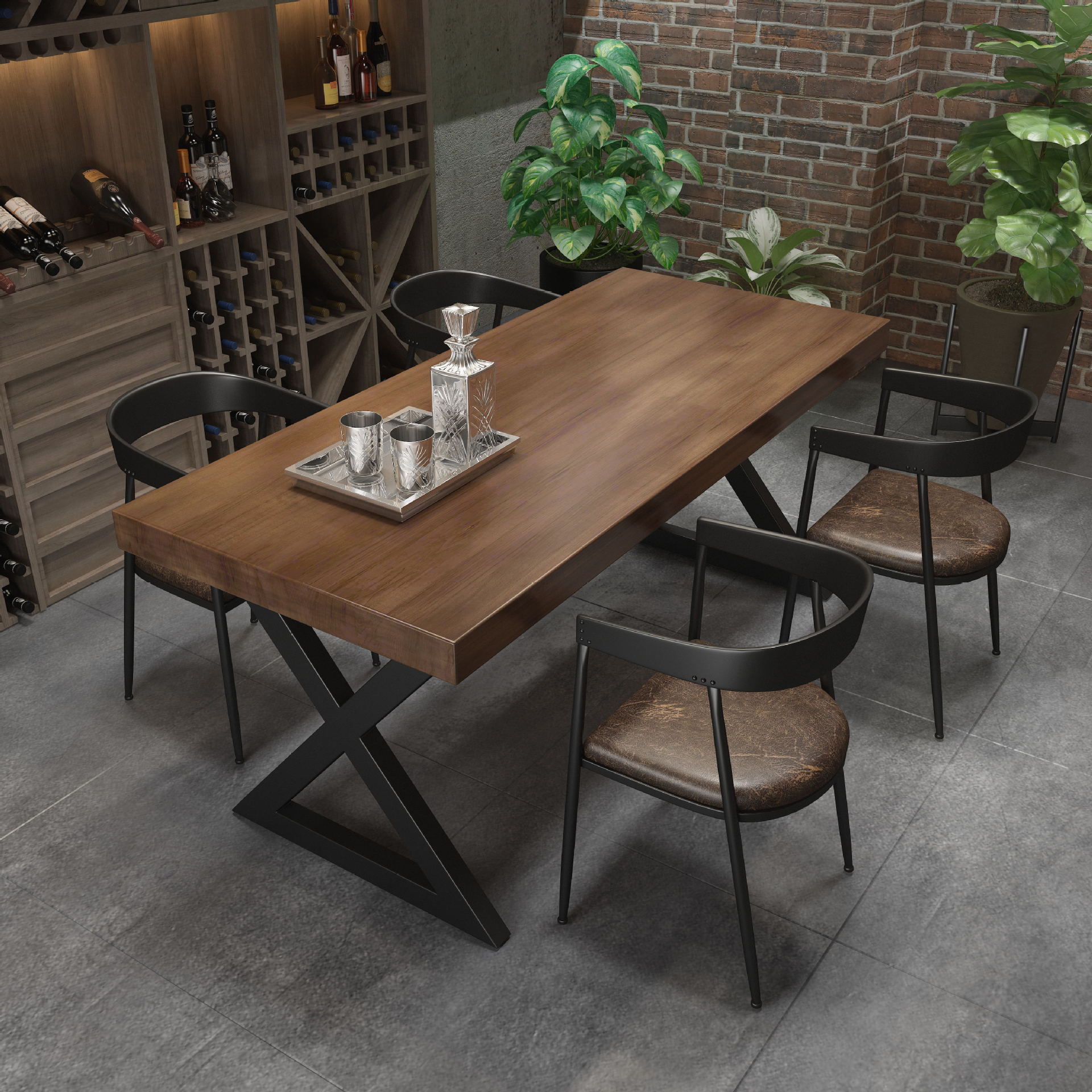 Wholesale Factory  Price American Retro Industrial Style Restaurant Dining Set Wood Top Metal Frame Rectangle Table Bar Chair