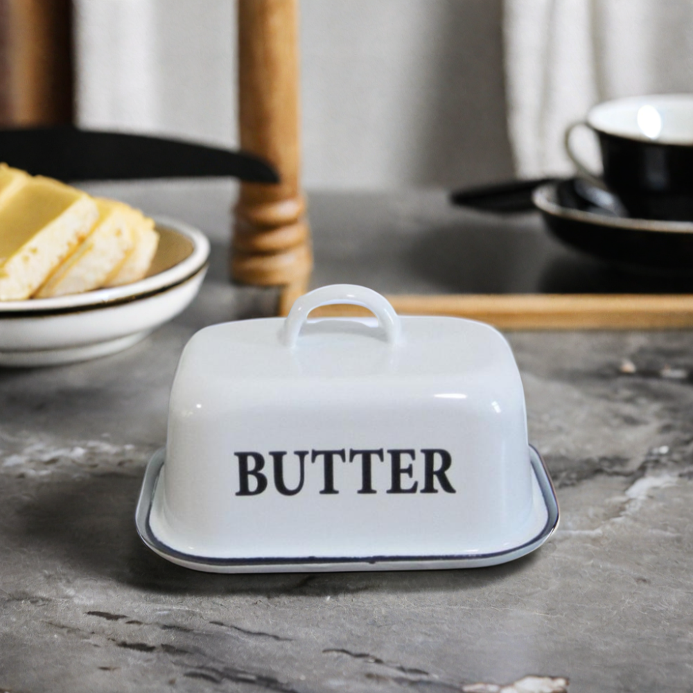 High-Capacity Square Enamel Butter Dish Lid Custom Logo Food Container Rectangular Pattern Pack Plates Rectangular Butter Holder