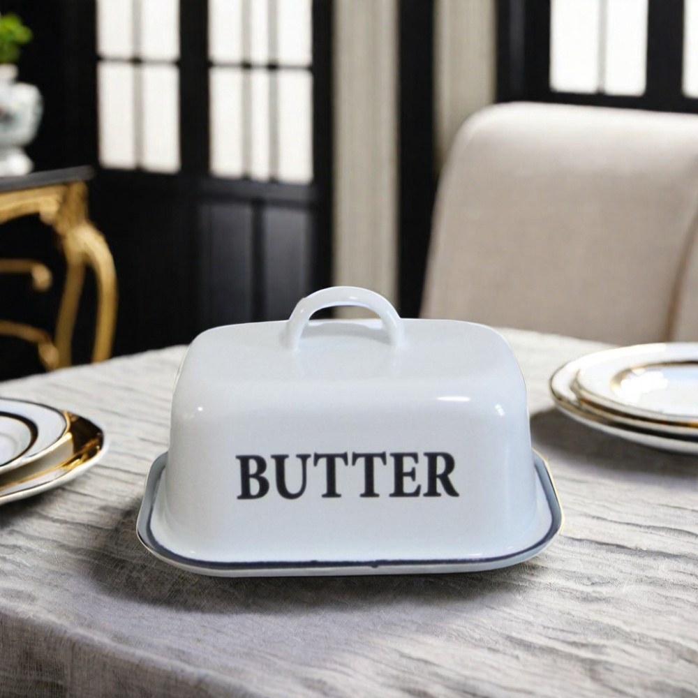 High-Capacity Square Enamel Butter Dish Lid Custom Logo Food Container Rectangular Pattern Pack Plates Rectangular Butter Holder